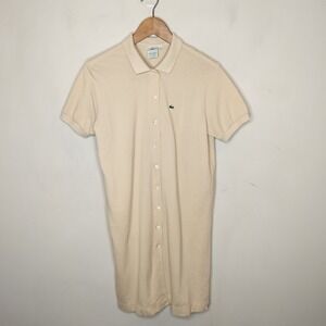 Lacoste Button Up Polo Dress Beige Cotton Short Sleeve